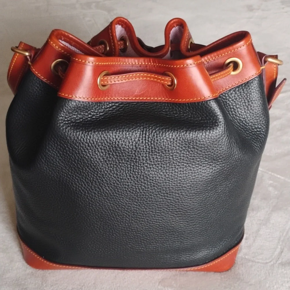 Dooney&burke Black and Brown Leather Bucket Drawstring Bag - Picture 2 of 6